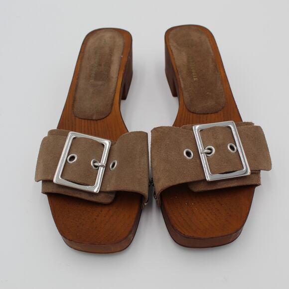 Anthropologie Wood Clog Sandals 39 Womens 8.5 Brown Suede Block Heel Buckle Y2K - Picture 3 of 8